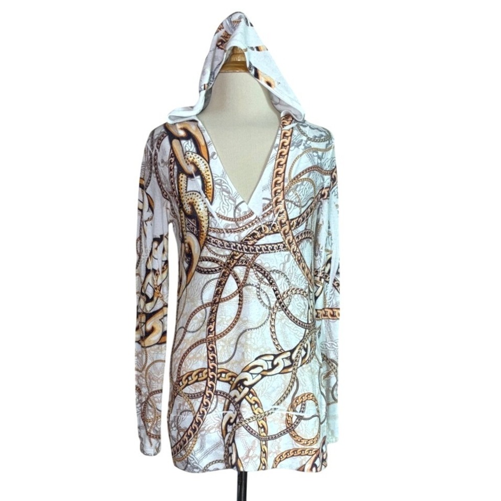 CACHE Medium Vintage Y2K Chain Print Hooded Vneck Fitted Tunic Top Nostalgia